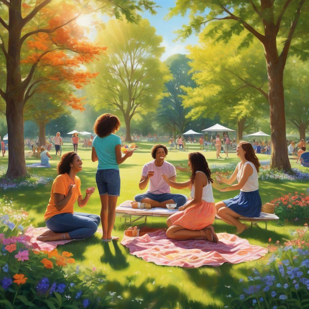 A vibrant, colorful scene depicting a diverse group of people joyfully interacting in a sunlit community park, sharing smiles and laughter while participating in various activities like picnicking, playing games, and creating art. In the background, lush trees and blooming flowers enhance the feeling of togetherness. An inviting atmosphere with warm, natural light conveys a sense of unity and joy. super-realistic. vibrant colors.