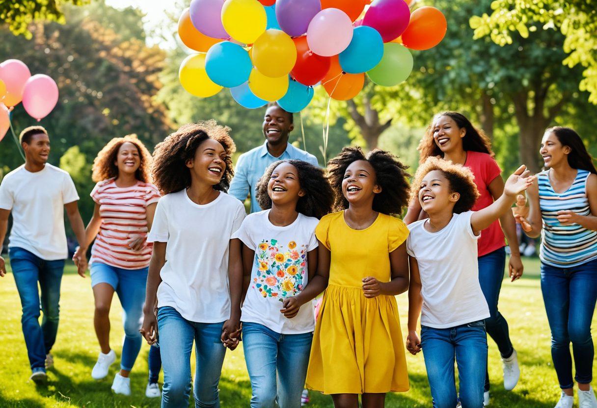 A joyful scene depicting a diverse group of people laughing and smiling together in a vibrant community park, surrounded by colorful flowers and balloons. Children are playing, while adults engage in cheerful conversation. The sun shines brightly, casting warm, inviting light across the scene, enhancing the feeling of happiness and togetherness. super-realistic. vibrant colors. sunny atmosphere.