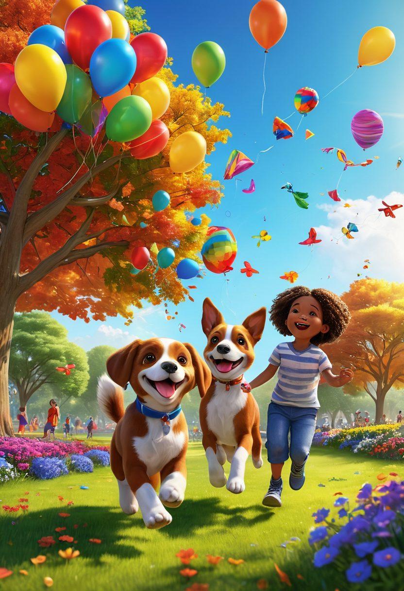 A vivid scene of diverse friends laughing and playing together in a colorful park, with balloons and kites flying in the blue sky. Brightly colored flowers surround them, symbolizing joy and connection. Each person's unique expression radiates happiness, capturing the essence of friendship. Playful elements like a puppy and a frisbee are also included. vibrant colors. 3D.